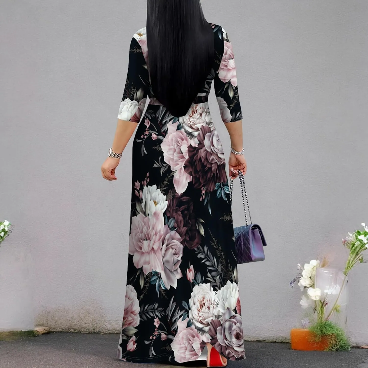 PinkPatty Women's Plus Size Maxi Dresses 3/4 Sleeves Bohemian Long Dress Printed Swing Dress with Belt