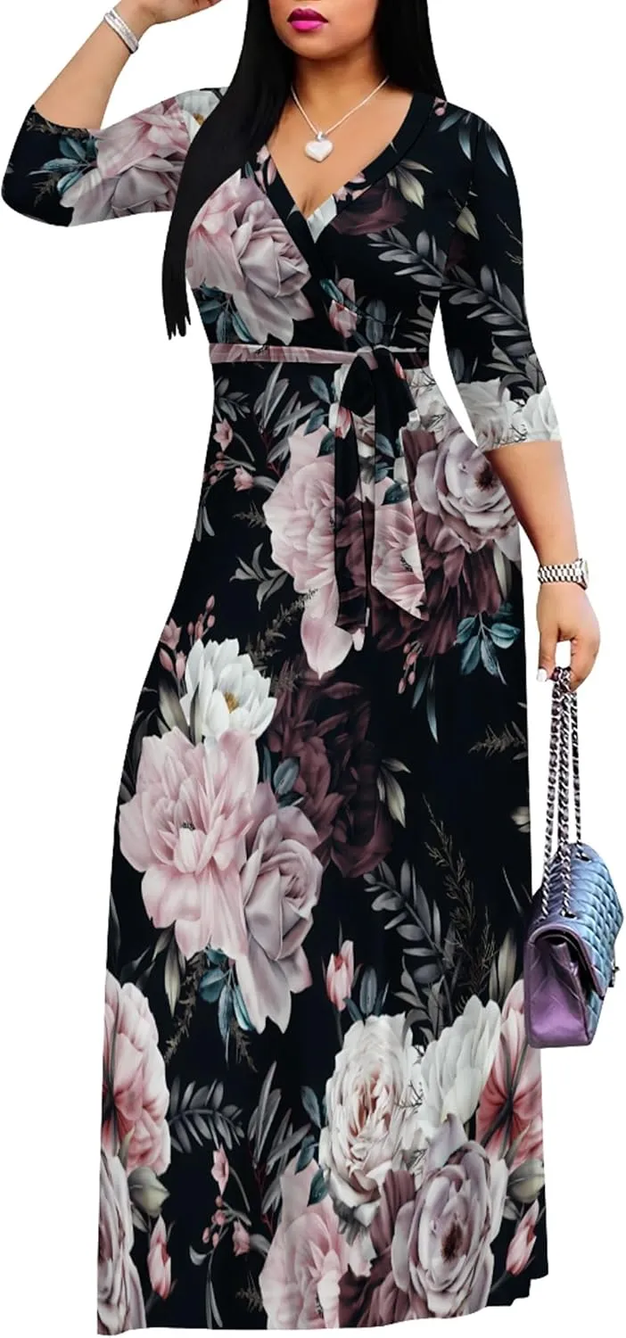PinkPatty Women's Plus Size Maxi Dresses 3/4 Sleeves Bohemian Long Dress Printed Swing Dress with Belt
