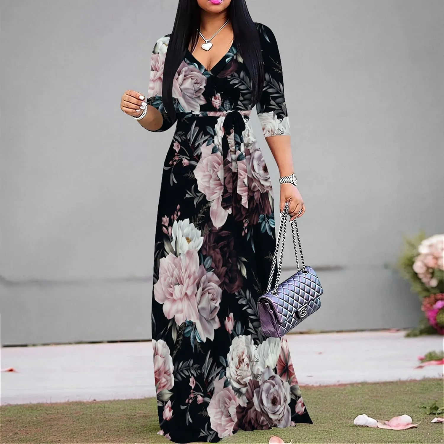 PinkPatty Women's Plus Size Maxi Dresses 3/4 Sleeves Bohemian Long Dress Printed Swing Dress with Belt