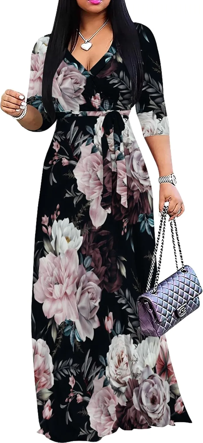 PinkPatty Women's Plus Size Maxi Dresses 3/4 Sleeves Bohemian Long Dress Printed Swing Dress with Belt