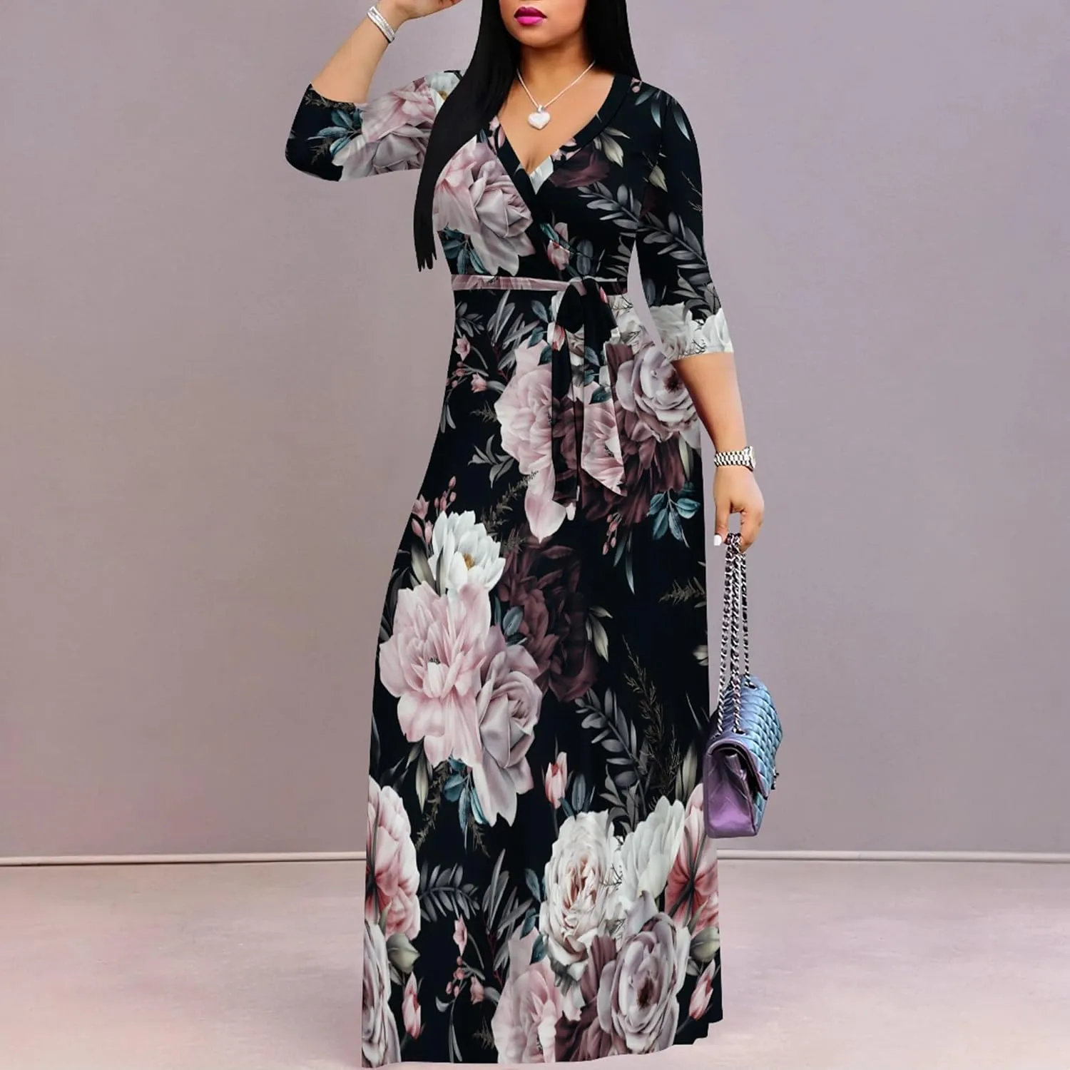 PinkPatty Women's Plus Size Maxi Dresses 3/4 Sleeves Bohemian Long Dress Printed Swing Dress with Belt