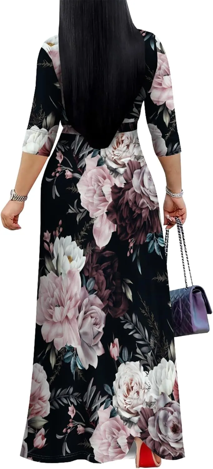 PinkPatty Women's Plus Size Maxi Dresses 3/4 Sleeves Bohemian Long Dress Printed Swing Dress with Belt