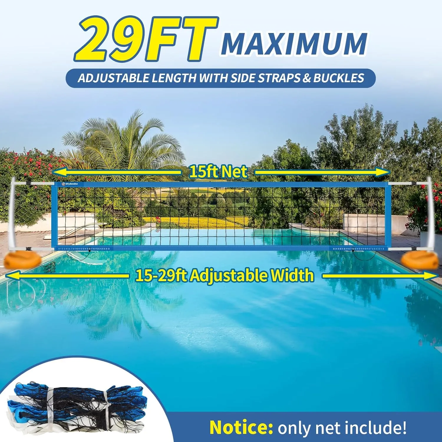 Reinforced Anti-UV Replacement Pool Volleyball Net with Scoring Clamps, 15-29 ft Adjustable Length - Easy Set Up and Long Lasting