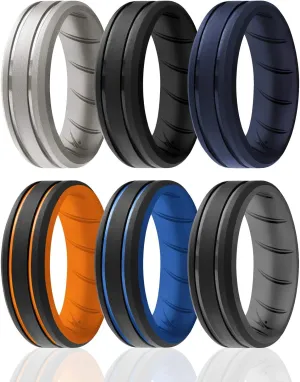 ROQ Silicone Rubber Wedding Ring for Men, Men's Wedding Band, Breathable Rubber Engagement Band, 2 Thin & Middle Lines, Beveled Edge & Engraved Duo, Multi Colors