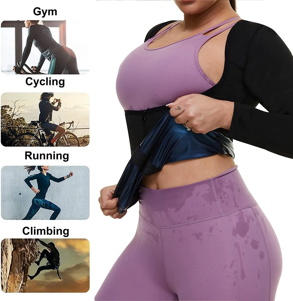 Sauna Suit for Women Sweat Body Shaper Jacket Hot Waist Trainer Long Sleeve Zipper Shirt Workout Top