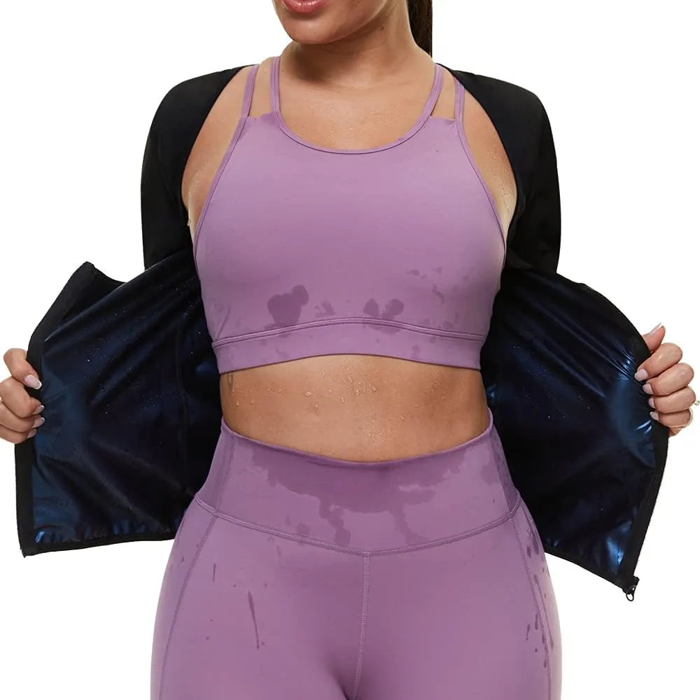 Sauna Suit for Women Sweat Body Shaper Jacket Hot Waist Trainer Long Sleeve Zipper Shirt Workout Top