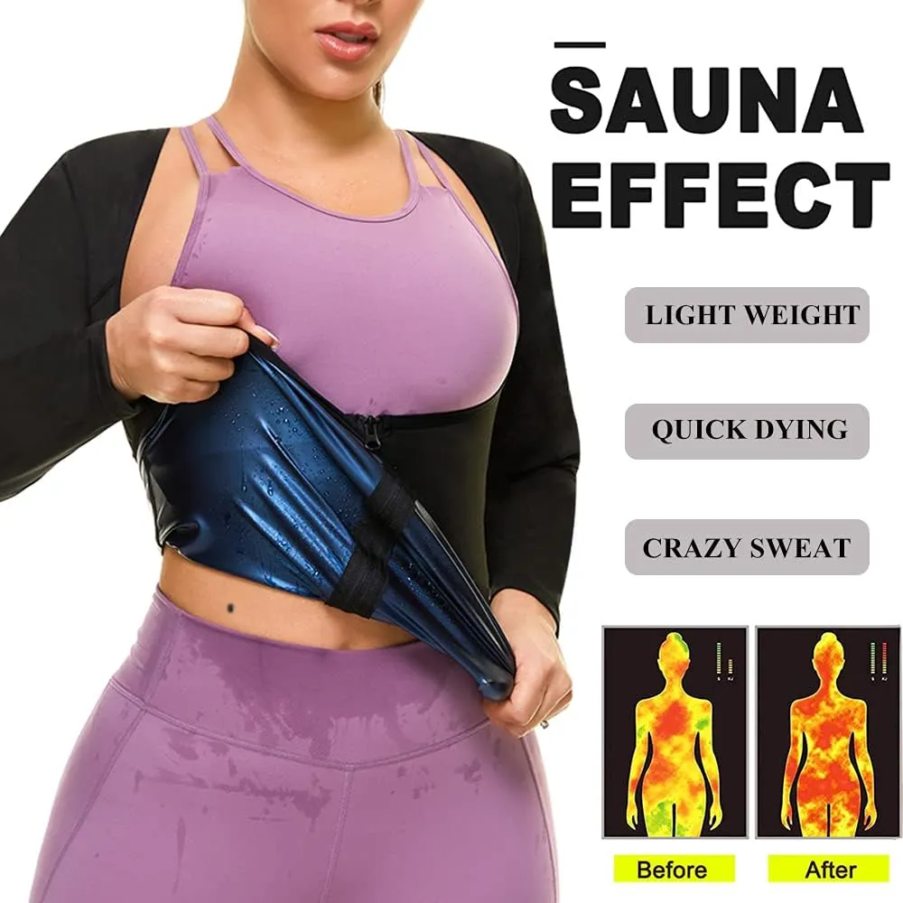 Sauna Suit for Women Sweat Body Shaper Jacket Hot Waist Trainer Long Sleeve Zipper Shirt Workout Top