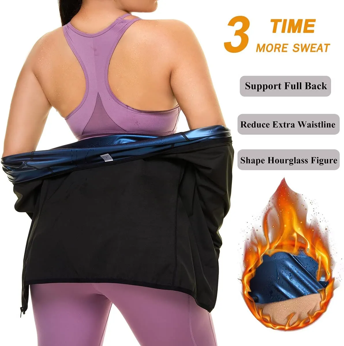 Sauna Suit for Women Sweat Body Shaper Jacket Hot Waist Trainer Long Sleeve Zipper Shirt Workout Top