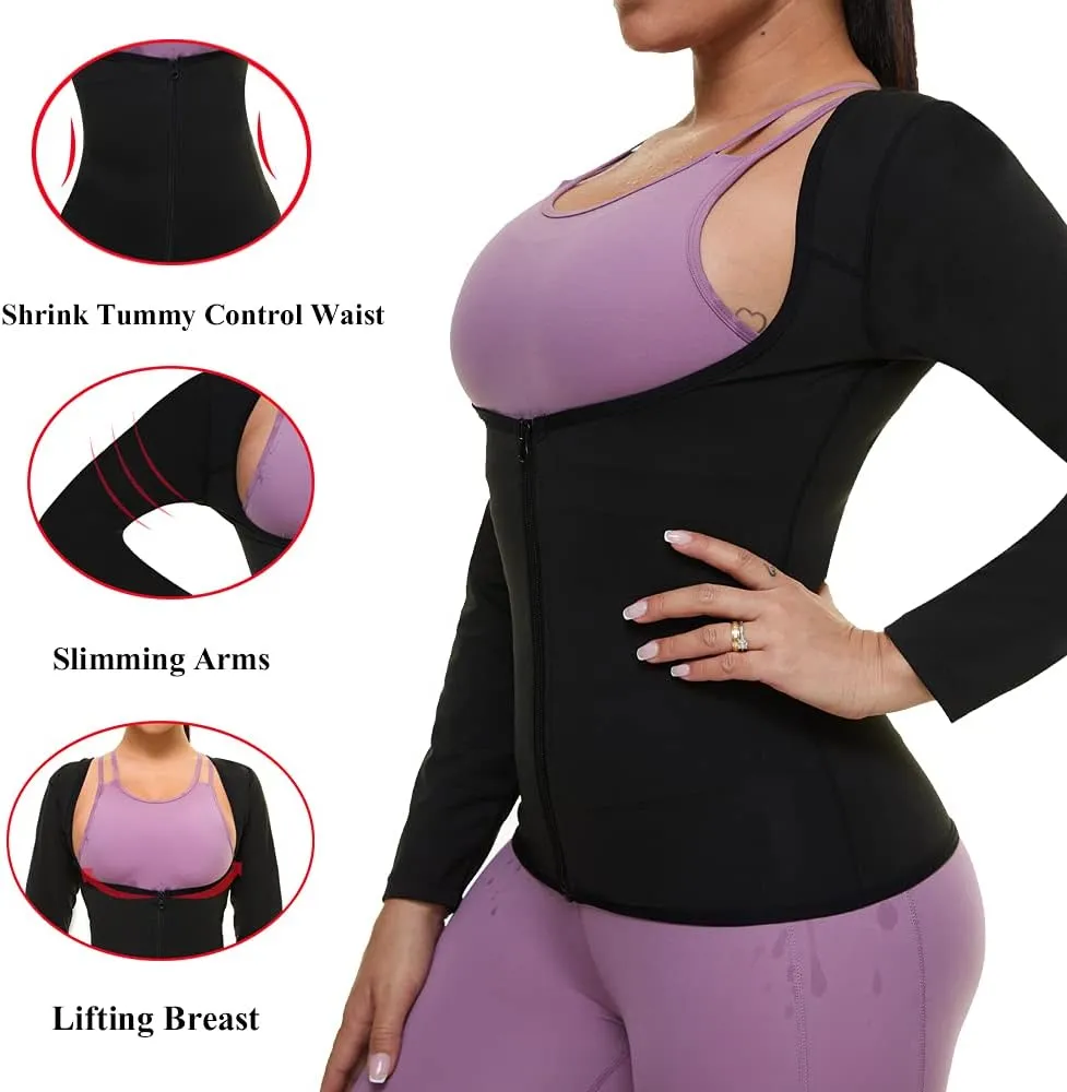 Sauna Suit for Women Sweat Body Shaper Jacket Hot Waist Trainer Long Sleeve Zipper Shirt Workout Top