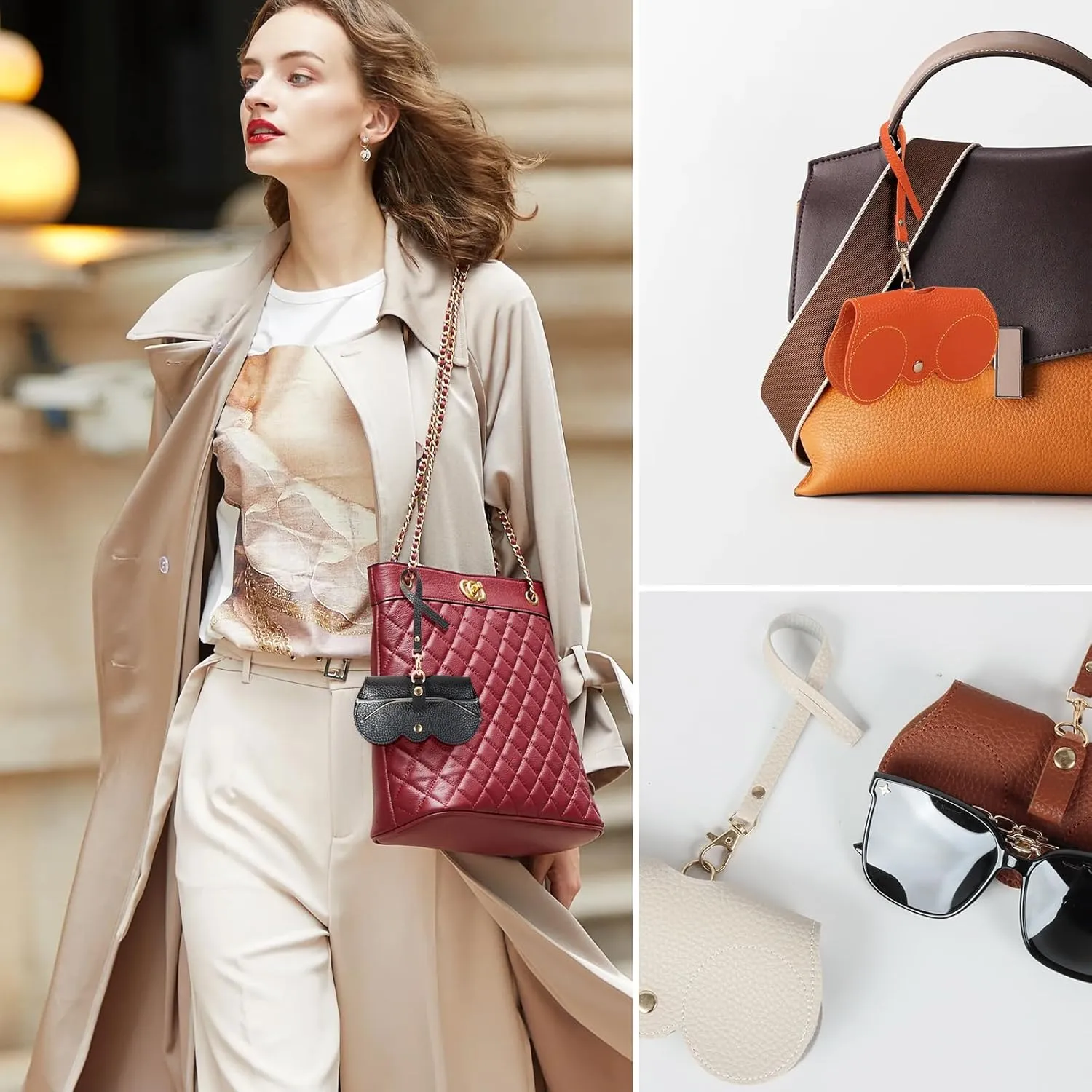 Soft Leather Sunglasses Bag, Portable Leather Glasses Case Holder Sunglasses Pouch, glasses Organizer Bag with Strap