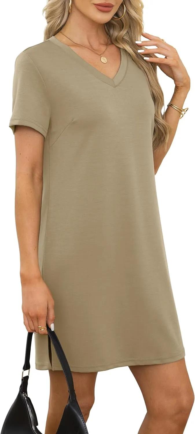 Summer Casual Dresses for Women 2025 Mini Vacation Dress V-Neck Short Sleeve Split Hem Beach Sundress