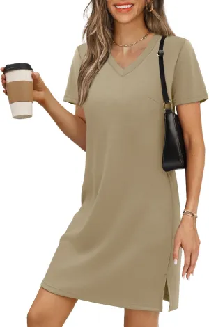 Summer Casual Dresses for Women 2025 Mini Vacation Dress V-Neck Short Sleeve Split Hem Beach Sundress