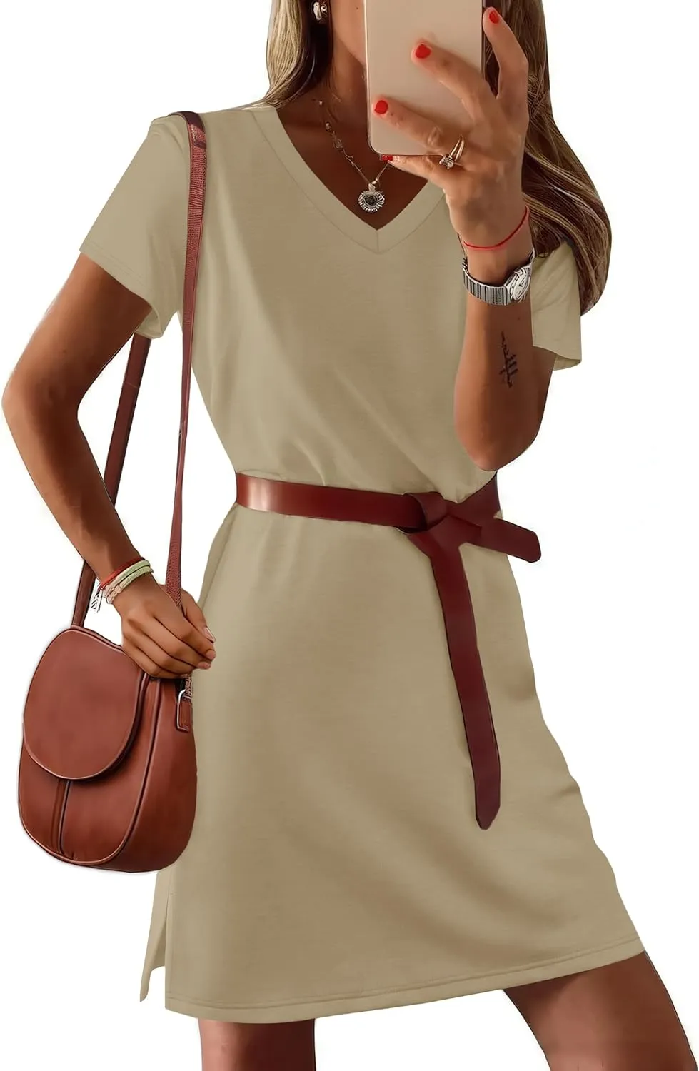 Summer Casual Dresses for Women 2025 Mini Vacation Dress V-Neck Short Sleeve Split Hem Beach Sundress