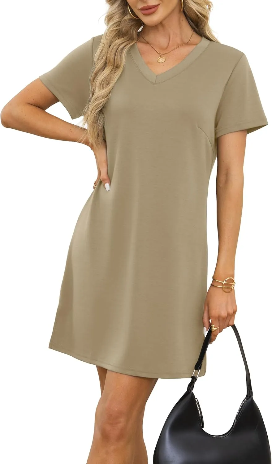Summer Casual Dresses for Women 2025 Mini Vacation Dress V-Neck Short Sleeve Split Hem Beach Sundress