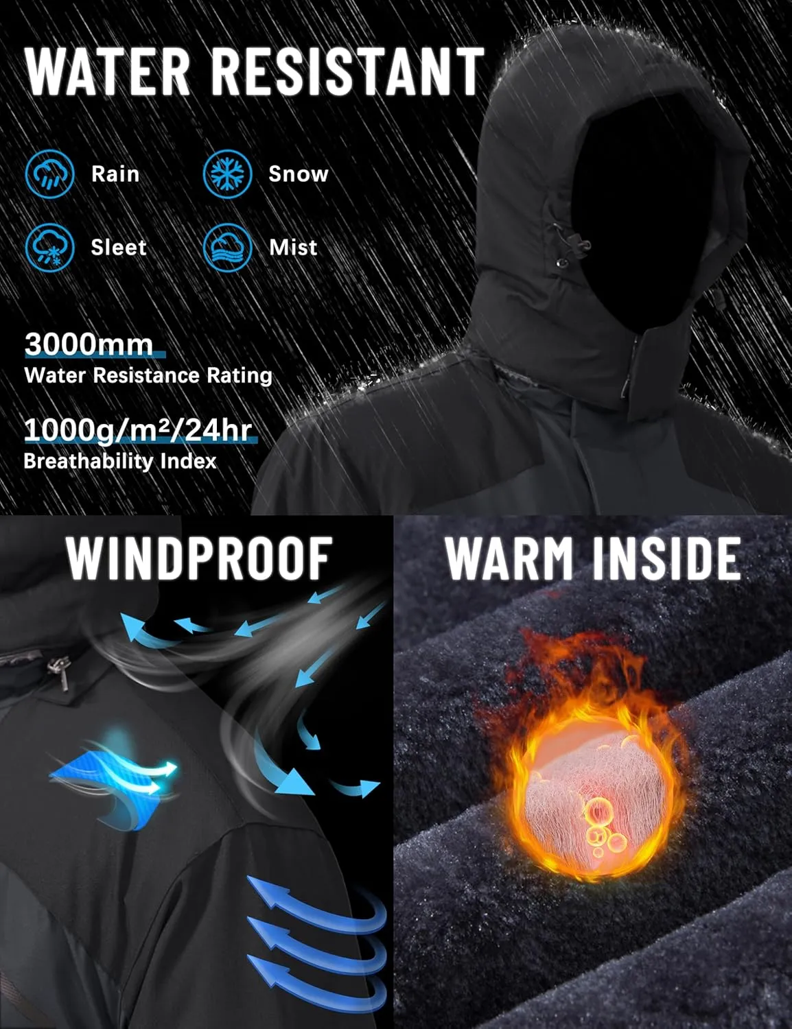 TACVASEN Men's Winter Skiing Jackets Water Resistant Fleece Coats Insulated Thermal Snowboard Jacket Parka Raincoat with Hood