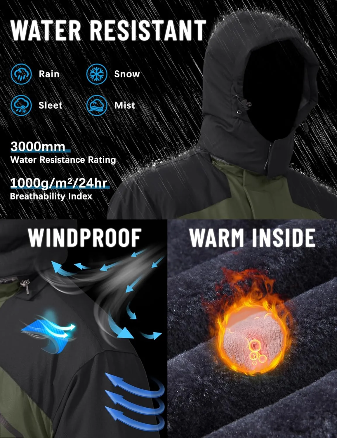 TACVASEN Men's Winter Skiing Jackets Water Resistant Fleece Coats Insulated Thermal Snowboard Jacket Parka Raincoat with Hood