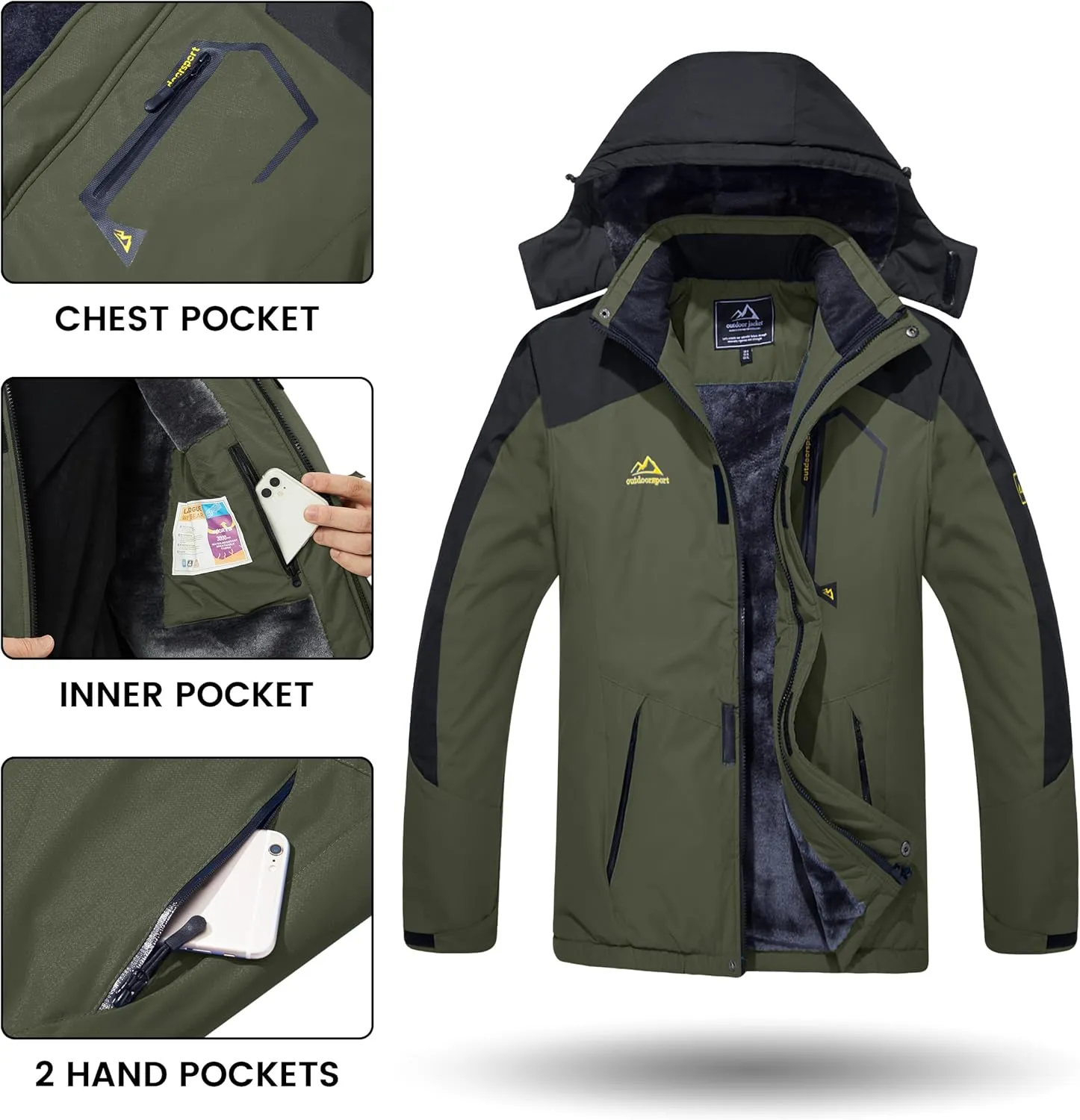 TACVASEN Men's Winter Skiing Jackets Water Resistant Fleece Coats Insulated Thermal Snowboard Jacket Parka Raincoat with Hood