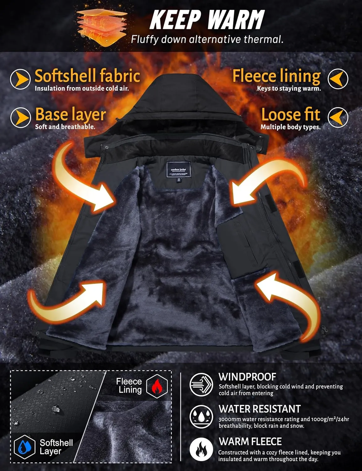 TACVASEN Men's Winter Skiing Jackets Water Resistant Fleece Coats Insulated Thermal Snowboard Jacket Parka Raincoat with Hood