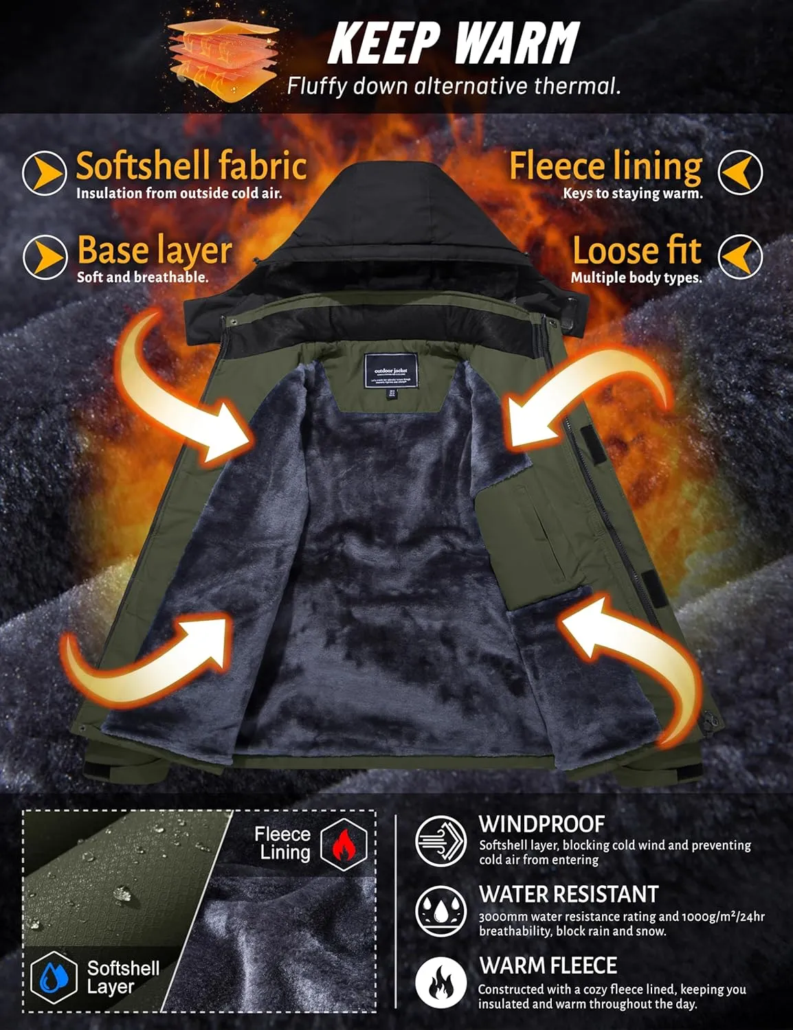 TACVASEN Men's Winter Skiing Jackets Water Resistant Fleece Coats Insulated Thermal Snowboard Jacket Parka Raincoat with Hood