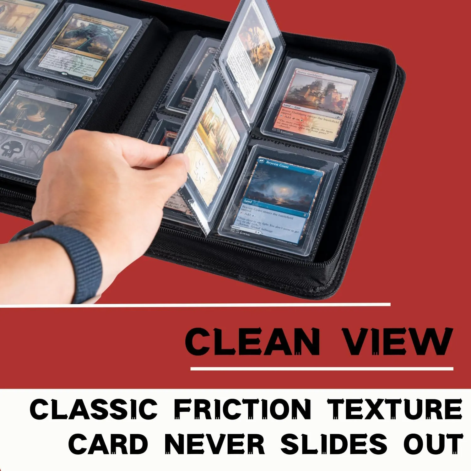 Toploader Binder, Holds 112  Toploaders, 4 Pocket Top Loader Card Storage Case, Double-Sided Pockets for trading card in 3 x 4'' ToploadersRed