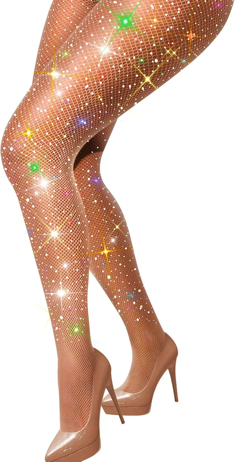 VEBZIN Extra Sparkly Holographic Fishnets Tights Fishnet Stockings Rhinestone Fishnet Tights for Women