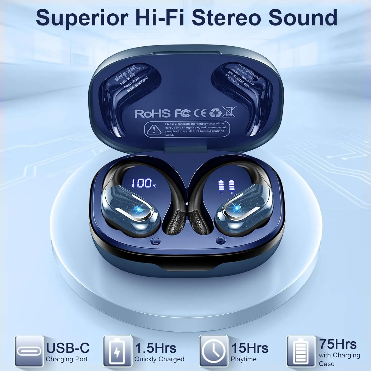 Wireless Earbuds Sport Bluetooth Headphones 5.4, 75Hrs Stereo New Bluetooth Earbuds with 4 HD Mic, Over-Ear Buds with Earhooks ENC Noise Canceling Earphones, IP7 Waterproof Headset for Workout/Running