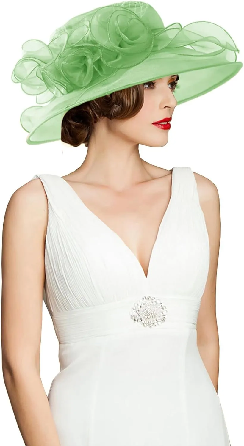 Women's Kentucky Derby Church Dress Hat Wide Brim Leaf Flower Bridal Shower Hat