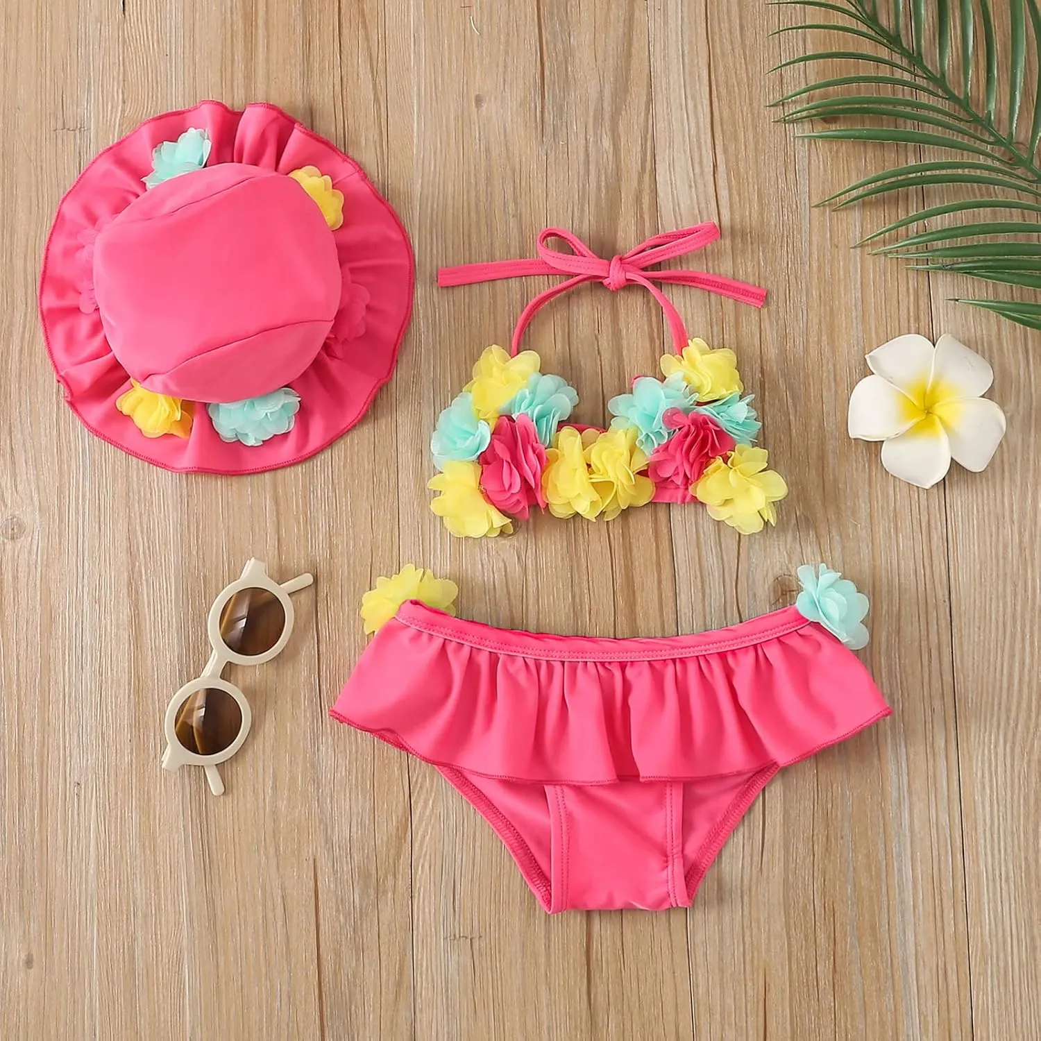Yccutest Infant Baby Girl Flower Swimsuit 3Pcs Halter Triangle Tops Ruffle Bottoms Sun Hat Bikini Set Bathing Suit Swimwear