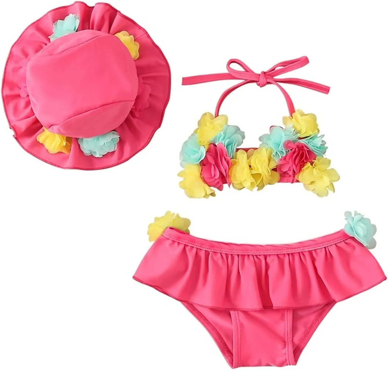 Yccutest Infant Baby Girl Flower Swimsuit 3Pcs Halter Triangle Tops Ruffle Bottoms Sun Hat Bikini Set Bathing Suit Swimwear