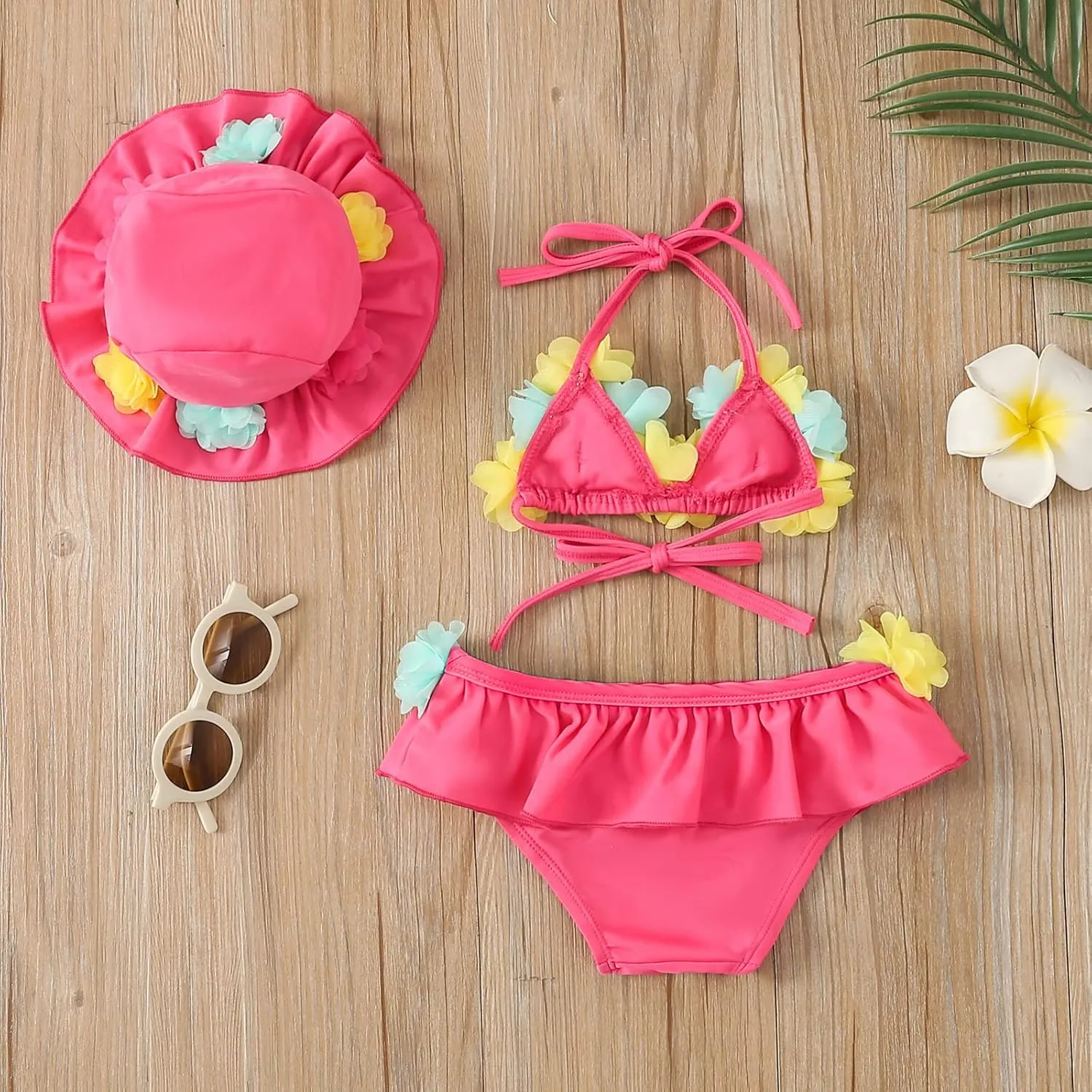Yccutest Infant Baby Girl Flower Swimsuit 3Pcs Halter Triangle Tops Ruffle Bottoms Sun Hat Bikini Set Bathing Suit Swimwear