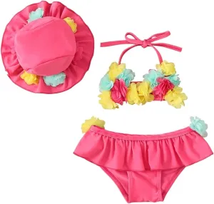 Yccutest Infant Baby Girl Flower Swimsuit 3Pcs Halter Triangle Tops Ruffle Bottoms Sun Hat Bikini Set Bathing Suit Swimwear