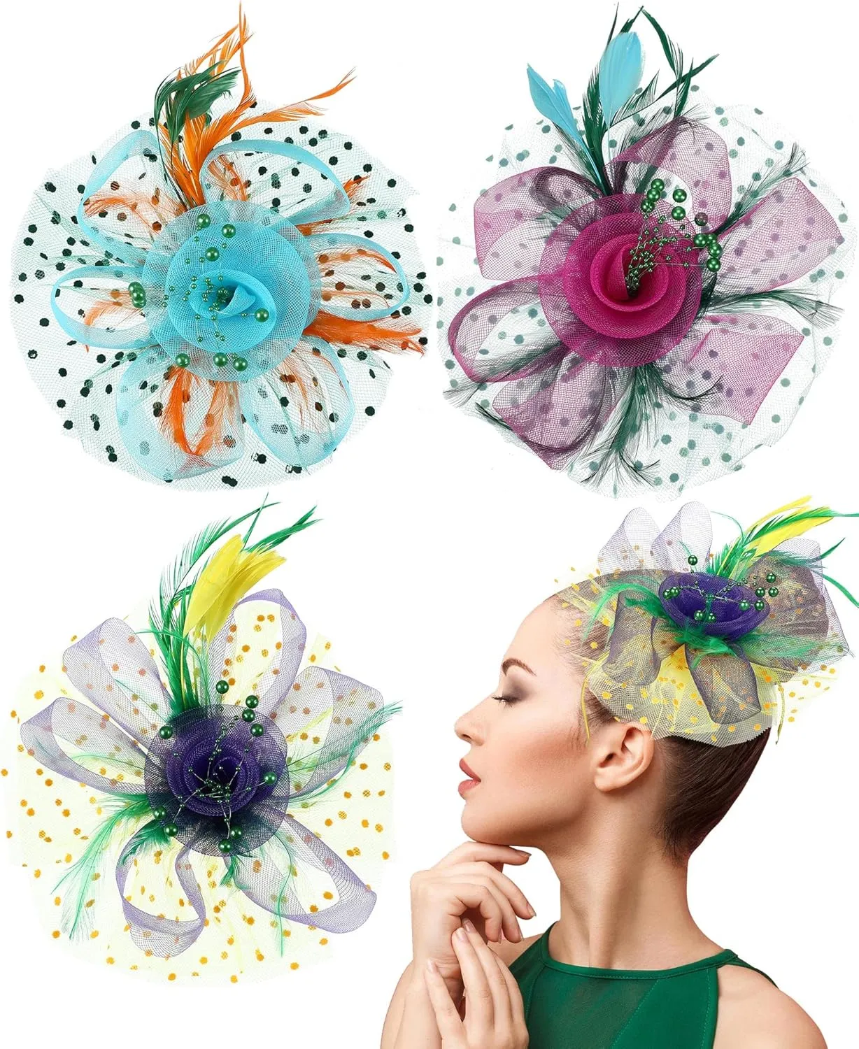 Yunsailing 3 Pack Fascinators Hats for Women, Tea Party Hats for Girls Flower Cocktail Mesh Feathers Hair Clip for Party